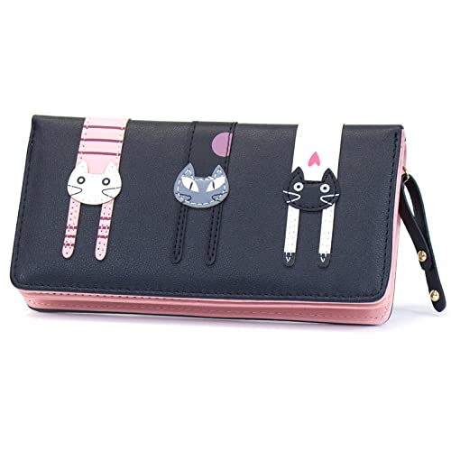 Mini Faux Leather Bifold Cute 3 Cat Zipper Clutch Wallet Handbag for Women Girls
