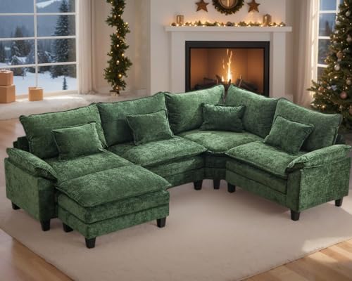 OQQOEE 112" Oversized Modular Sectional Sofa U-Shaped Corner Cloud Couch with Ottoman, Convertible Deep Seat Chenille Couch for Living Room, Spacious Space (Green, 4 Seater)
