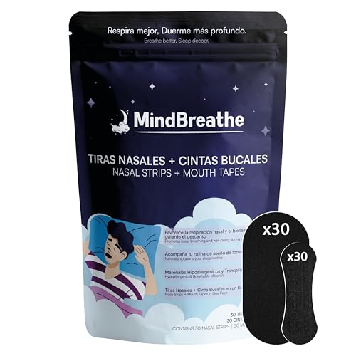 MindBreathe™ | 30 Tiras Nasales + 30 Cintas Bucales (Mouth Tape) | Reduce Ronquidos de Forma Natural | Respira Mejor al Dormir, Meditar o Entrenar | Sueño Profundo, Descanso y Rendimiento