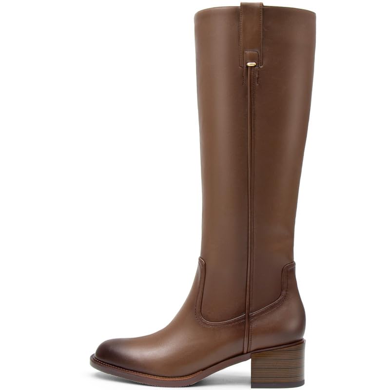 Image of Women's Knee High Boots Chunky Low Block Heel Round Toe Faux Leather Rinding Boots with Side Zip Fashion Tall Boots for Women