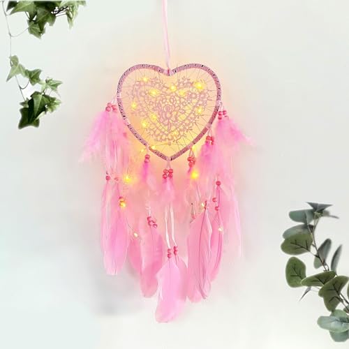 JZK Attrape-rêves en dentelle cœur lumineux pour filles et femmes attrape-rêves plumes roses LED...