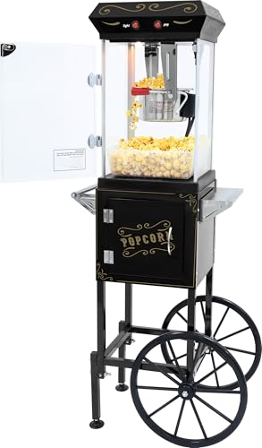 Image of Popcorn Machine with Cart & Wheels - Popcorn Maker Machine with 6OZ Stainless Steel Kettle, Pop corn Machine Maker for Home, Parties, Movie Theater, Black