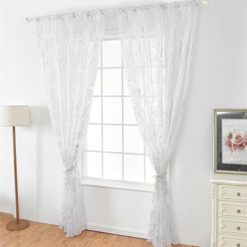 2 cortinas transparentes de tul de 100 x 200 cm, diseño de plumas, para ventana, puerta, cortinas de tul para salón, dormitorio, habitación de niña, balcón (plata)