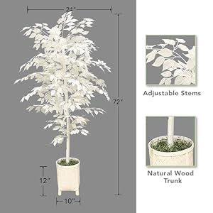 LCG Florals- Artificial White Clipped Ficus Tree with Real-Wood Trunk & Decorative Rattan Basket - Indoor and Outdoor Faux Plants for Outdoors, Living Rooms, and Offices (72IN, White, White Basket) LCG Florals Artificial White Clipped Ficus Tree with Real Wood Trunk Decorative Rattan Basket Indoor and Outdoor Faux Plants for Outdoors Living Rooms and Offices 72IN White White Basket
