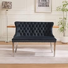 Velvet Double Dining Loveseat Bench, Kitchen & Dining Seating, 2-Seat Tufted Bench w/Handmade Buttons, Wing Back, Brushed Silver Stainless Steel Legs, Mid Century Modern,Single Pack,Black