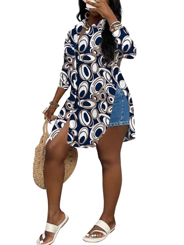 Image of LYANER Women's Collar Neck Long Sleeve Button Down Shirts Sexy Split Hem Tops Long Blouse Shirt Dress