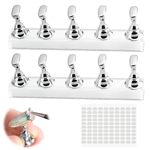 2Pcs Supports Magnétiques pour Faux Ongles, Presentoir à Ongles Capsules avec Base Acrylique et 100 Autocollants, Support Nail Art Magnétique (Argent)