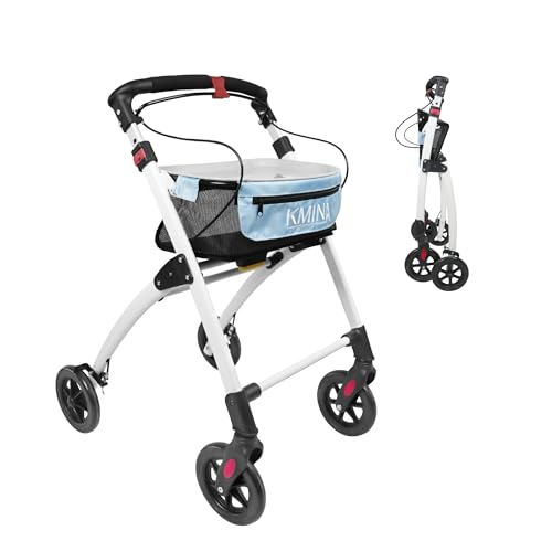 KMINA Andador Plegable Estrecho para Casa con Bandeja y Cesta, 4 Ruedas, para Adultos y Ancianos, Azul - KMINA PRO