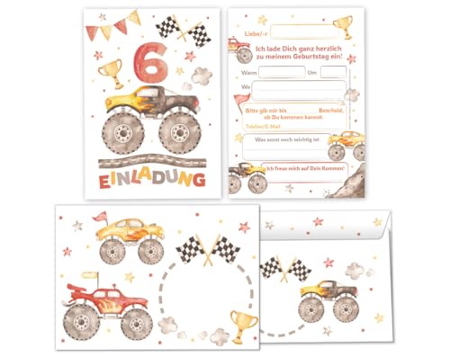 Minkocards 12 Einladungskarten incl. 12 Umschläge zum 6. Kindergeburtstag Jungen Monster-Truck Auto Einladungen zum sechsten Geburtstag Kinder Einladungsset