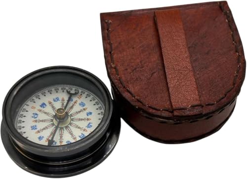 Brújula de bolsillo náutica de latón de 2 x 1.7 pulgadas con estuche de cuero, herramienta de orientación para senderismo, camping y navegación al aire libre miniatura 1