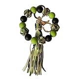 Phamines Silicone Beaded Keychain Bracelet Key Ring with Leather Tassel,Rock Leopard Beads Key Chain Holder Wristlet Bangle for Women (Green Camouflage)