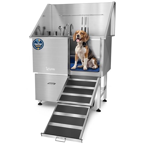 Image of KANIS Professional Dog Washing Station 304 Stainless Steel Pet Wash Sink & Grooming Bathtub w /Shower, Floor Grates and Storage for Large, Medium & Small Pets (Silver, 40 Inches, Right Ramp, 1 Drawer)