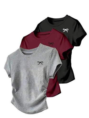 OYOANGLE Girl's 3 Piece Bow Print Short Sleeve T Shirts Set Summer Ruched Slim Fitted Tee Tops