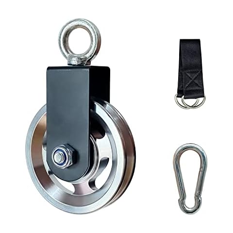 Exercise Equipment Cable Pulley with Hanging Strap and Carabiner, 3.74in/95mm Silent Rotation 360 Degree Pulley for Home Gym Pulley System Workout Equipment DIY Cable Pulley Lat Pulldown Attachments Cover