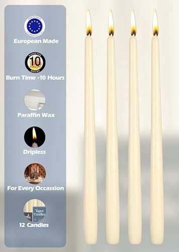 Hyoola 12 Pack Tall Taper Candles - 12 Inch Woolwhite Dripless, Unscented Dinner Candle - Paraffin Wax with Cotton Wicks - 10 Hour Burn Time