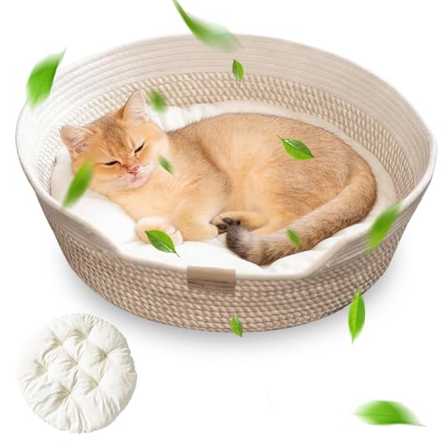 Pmueuff Cama para Gatos Todo el Año Universal, Cat Bed Lavable de Cuerdas de Algodón, Cama para Gatos Trenzado de 50 cm, Cama para Perros Pequeños con Cojín para Todos Los Gatos