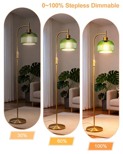 Image of Lightdot 64IN Glass Floor Lamp for Living Room, Dimmable Modern Standing Lamps with Emerald Green Ribbed Glass Lampshade&(Bulb Included), Industrial Floor Lamp for Bedroom Office /