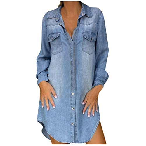 Jeanshemd Damen Langarm, Hemdblusenkleid Damen Casual Blusenkleid Button Down Hemdkleid Knielang Jeanskleid Sommer Jeans Kleid Denim V Ausschnitt...