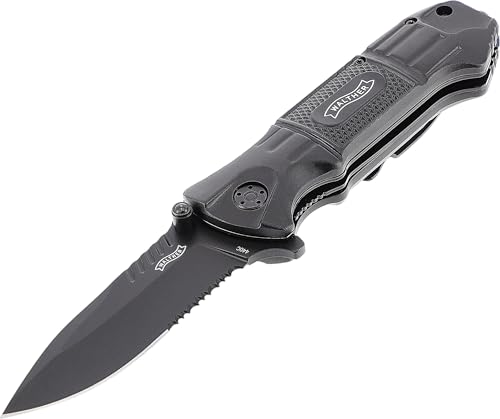Walther Black Tac Knife Klappmesser mit Linerlock-Verriegelung, Spearpoint-Klinge aus 440C und intigrierter Glasbrecher am Griffende