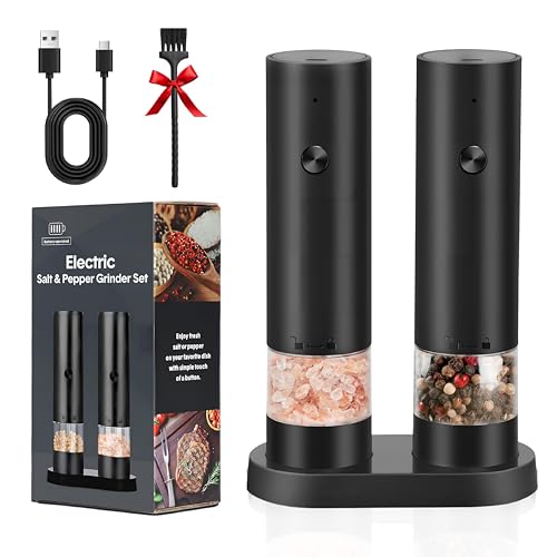 Electric Salt Set Macina Sale e Pepe Elettrico, 2 Pezzi Macino Pepe Elettrico, Macinaspezie Ricaricabile con Base, Macinapepe Macinino Automatico per Spezie, a Batteria