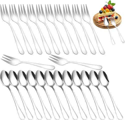 LOMUG Kaffeelöffel und Kuchengabeln Set 24 Stück, Kleine Löffel und Gabeln Set, Teelöffel und Kuchengabeln, Kaffeebesteck Edelstahl für Hochzeit, Geburtstag, Spülmaschinenfest