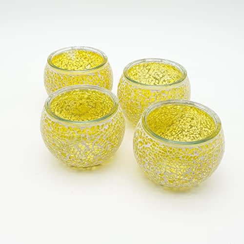 Mosaic Glass Candle Holder Vintage Jar Tea Light Holders Romantic Tea Light Candle Holder Home Decoration with Upto 8 Hour Burn Tea Light Candles (4 Pack)