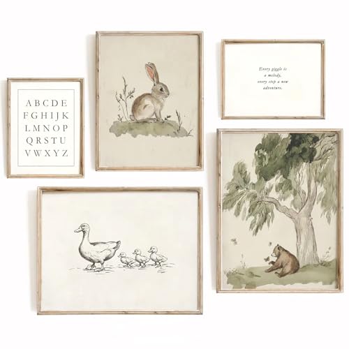 Image of Vintage Nursery Wall Art Kids Canvas Prints Baby Boys Wall Decor Animal Pictures Bunny Poster Neutral Children Prints Duck Painting Woodland Bear Artwork for Farmhouse Bedroom 8x10 Inch Unframed