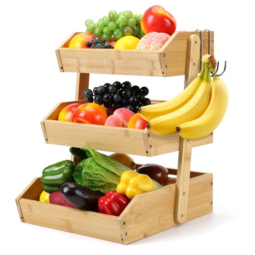 SYTOIGH Large bamboo fruit basket 3-tier,fruit bowl for kitchen counter,Space Saving Fruit & Vegetable Organizer with Banana Holder,Thick board,Sturdy and Durable