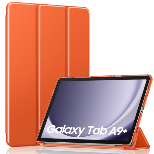 Image of MoKo Trifold Case for Galaxy Tab A9 Plus /A9+ 11 Inch 2023, Orange | Slim Stand Hard PC Translucent Back Shell Smart Cover, Auto Sleep /Wake, Light, Anti-scratch, 2 Adjustable Angle