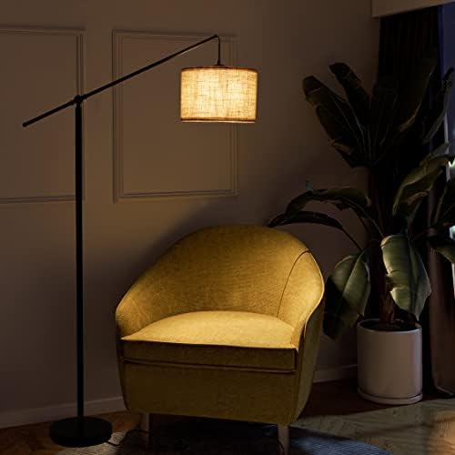 SURAIELEC Arc Floor Lamp, Overhang Cantilever Standing Floor Lamp for Couch, Sofa, Reading, Living Room, Bedroom, Adjustable Balance Arm, Natural Linen Drum Shade, Matt Black Metal Pole, Foot Switch
