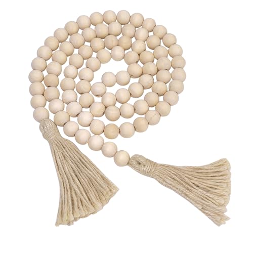 HFZRZFH 58-Inch Natural Wooden Bead Garland with Tassels - Rustic Farmhouse Boho Decor for Wall Hanging, Living Room, Bedroom, Shelf, Tray, Vase, Coffee Table, Mantel