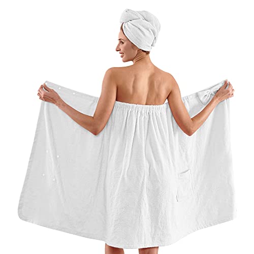 Rujipo Bath Towel Wrap For Women Spa Wrap Robe & Hair Towel, 100% Cotton Terrycloth Shower Towels, Adjustable Bathrobes S-Xxl（White） #TOP2