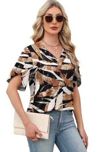 Image of WIHOLL Womens Summer Tops Short Petal Sleeve Shirts Fashion V Neck Womens Clothing