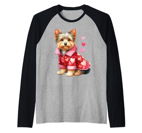 Yorkie Dog Día de San Valentín Corazón Rojo Amor cachorro Camiseta Manga Raglan