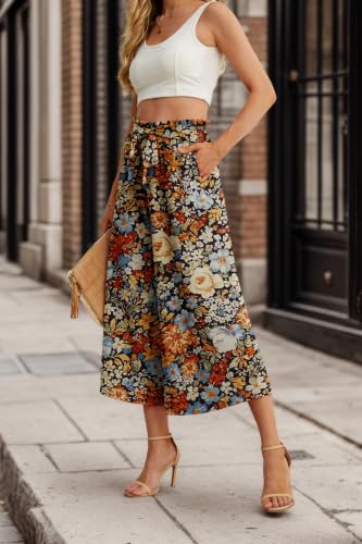 Image of IWOLLENCE Women Flowy Loose Wide Leg Pant Summer Beach Casual Trousers high Waist Adjustable Knot Business Work Casual Pants