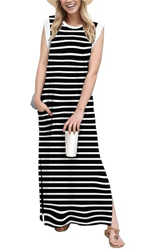 Image of GRECERELLE 2026 Women Year-Round Casual Round Neck Loose Split Wrinkle-Free Long Maxi Vacation Dress with Pockets (XXS-4XL)