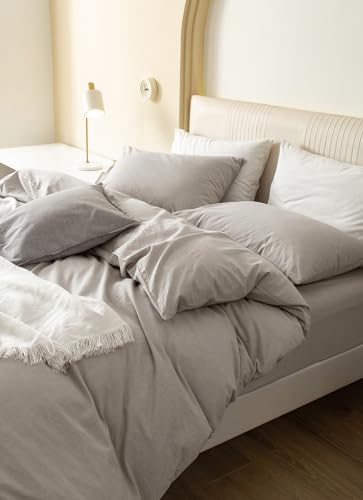 JIYUAN 100% Washed Cotton Duvet Cover Set 3 Pieces Cal King, 1 Duvet Cover 104x98 Inches(Comforter Not Included) and 2 Pillowcases,Linen Feel Bedding Set Comfy and Breathable, Heathered Cream Grey
