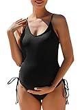 Summer Mae Maternity Swimsuit One Piece Ribbed Side Tie Bathing Suit Monokini, Pure Black, Medium