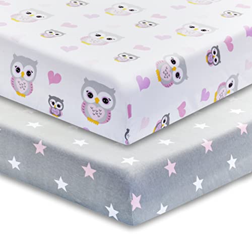 Image of 2 Pack Fitted Crib Sheets for Girls in 100% Jersey Knit Cotton – Girl’s Crib Mattress Sheets with a Nature Theme of Owls with Purple and Pink Hearts and a Gray Sheet with Pink Hearts by Everyday Kids