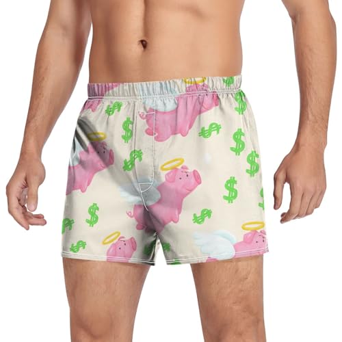 Winged Pigs Beige Men's Cotton Boxer Shorts Pajama Bottoms with Button Fly Moisture-Wicking Sleep Shorts Underwear3