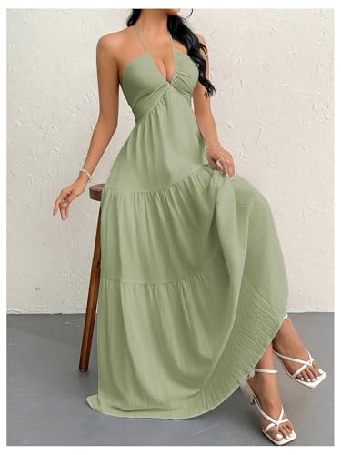 Image of SHENHE Women's Deep V Neck Tie Knot Backless Halter Dress A Line Flowy Ruffle Maxi Dress