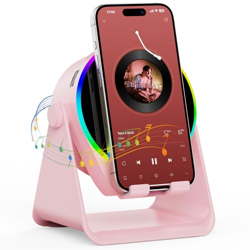 TARKARI Wireless Induction Speaker, 5 in 1 Bluetooth Speaker, 360 Rotation Cell Phone Stand and Colorful Ambient Light, Compatible with iPhone iPad Android Tablet, Gifts for Women