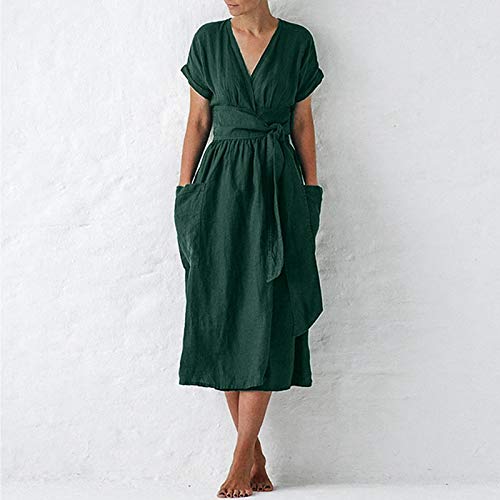 Padaleks Women's Short Sleeve V Neck Shirt Dress Vintage Cotton Linen Belted Casual Beach Maxi Dresses with Pockets