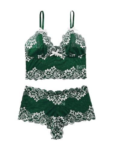 Image of Lilosy Sexy Lingerie for Women Lace Pajamas Set Cami Bra and Panty High Waist Sheer Sleepwear 2 Piece 2XS-6XL