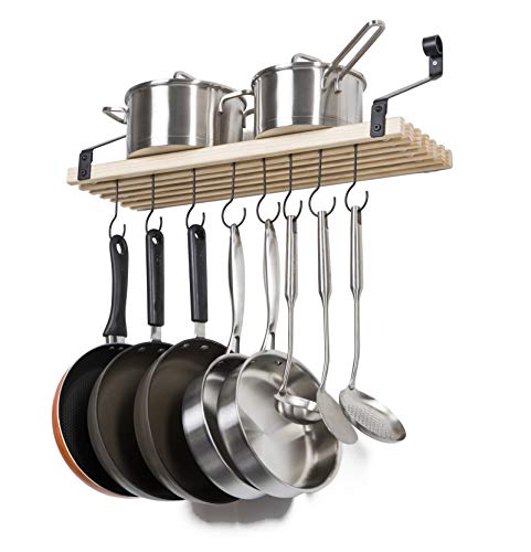 Soduku Pot Pan Rack with Solid Wood Shelf, Wall Mounted Multifunctional Kitchen Hanging Organizer with 8 Hooks for Pots Pans Lids Utensils Cookware Natural