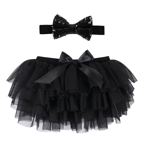 HUAANIUE Newborn Baby Girl Fluffy Soft Tutu Skirt with Diaper Cover,Toddler Girl Tutu Skirt with Headband Black