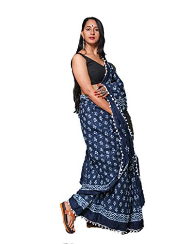 Shivanya Handicrafts Indigo Print Cotton Mulmul Saree for Women Attached Blouse Piece (indigo), multi, One size