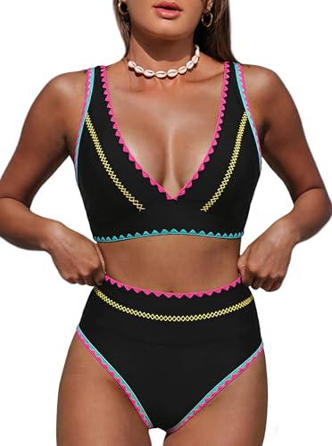 Image of Hilinker Women's Leopard Bikini Swimsuits V Neck High Waisted 2 Piece Bathing Suits