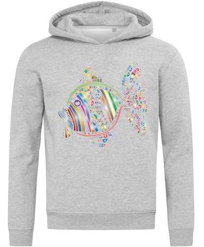 Sweat à capuche poisson abstrait gris en coton mélangé pour un style artistique au quotidien