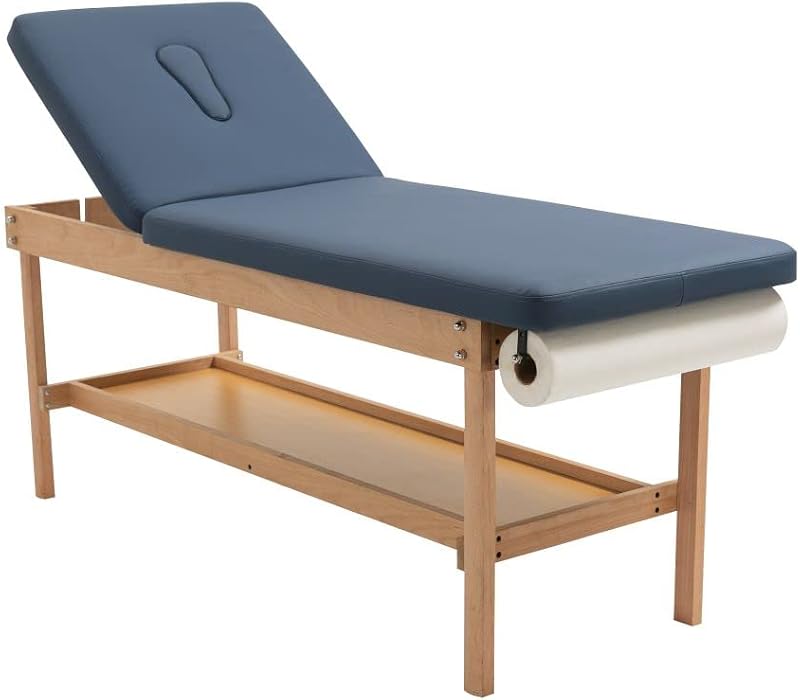 27.5" Width Comfortable Medical Exam Table & Bed with Wooden Storage Base and Paper Holder for Treatment Clincal (Blue)